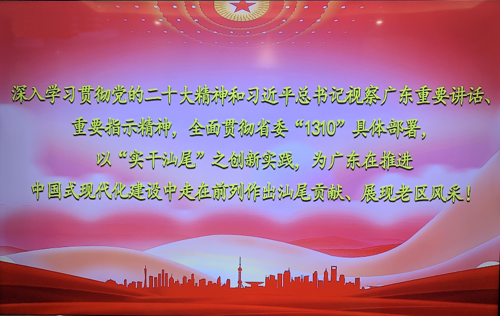 深入学习贯彻党的二十大精神和习近平总书记视察广东重要讲话重要指示精神全面贯彻省委“1310”具体部署，以“实干汕尾”之创新实践，为广东在推进中国式现代化建设中走在前列作出汕尾贡献、展现老区风采！.jpg